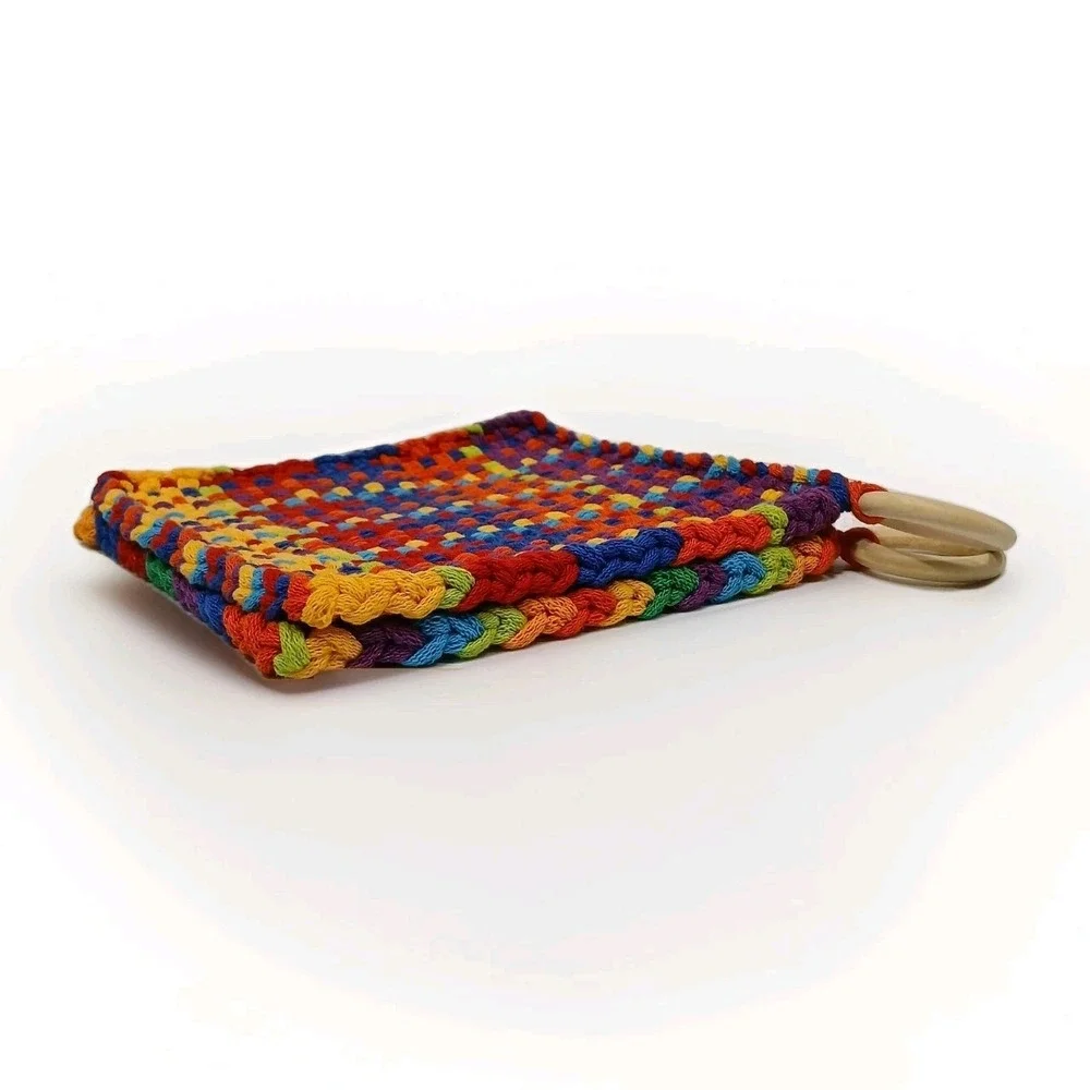 Handmade  Loop Loom Woven Pot‎ Holder Trivet Bright Multicolored Set Cottagecore